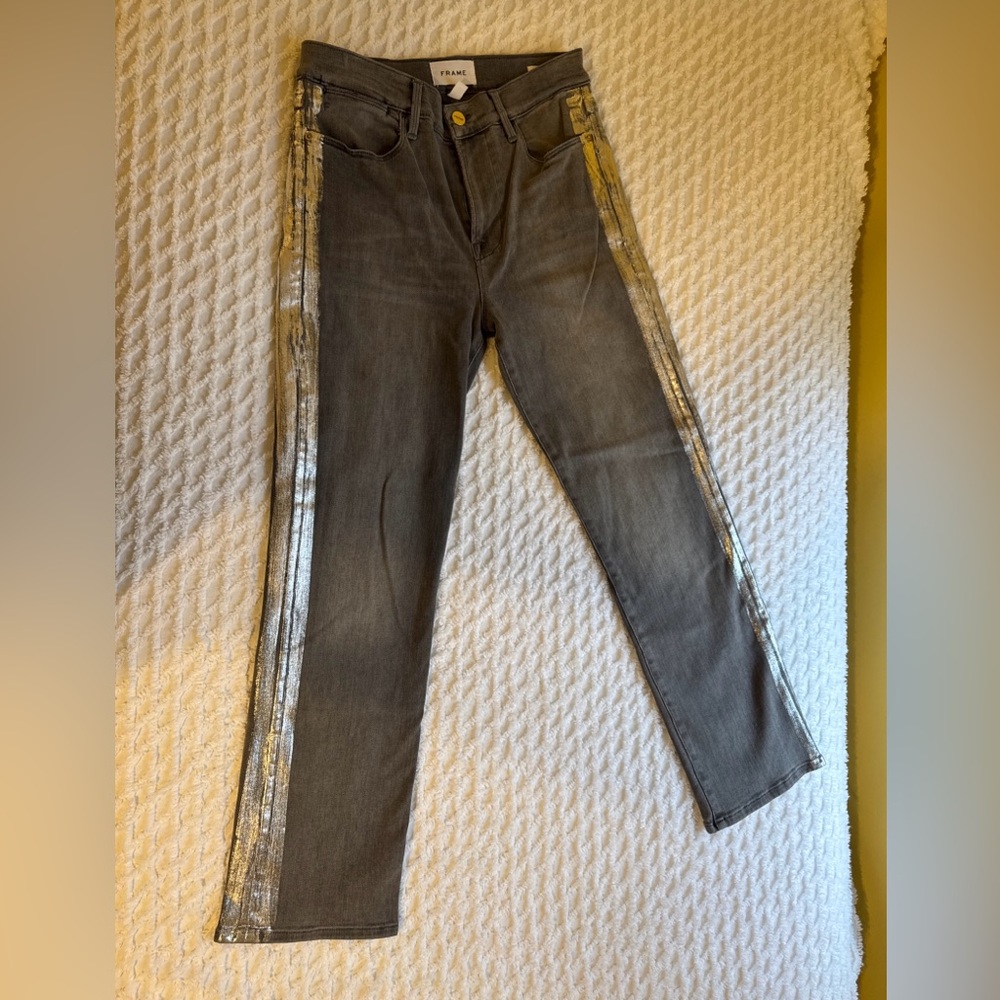 Frame Jeans Women 27 Denim Le High Straight Distressed Metallic Stripe Gray